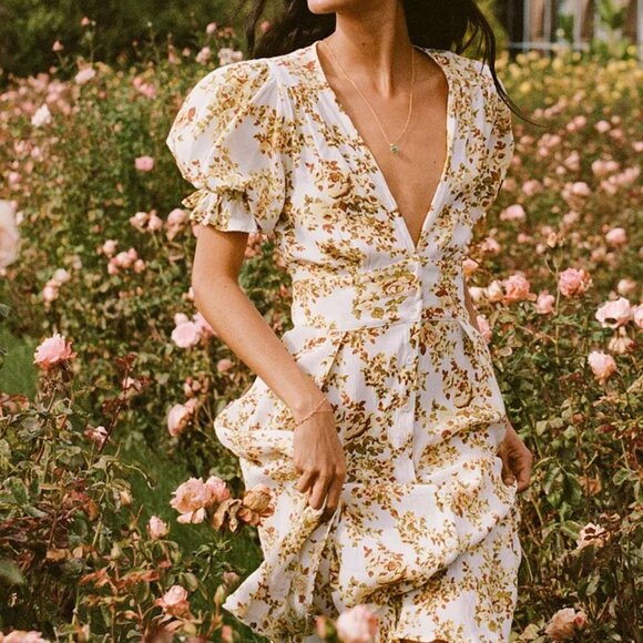 Faithfull the Brand S Yellow Floral Rafa Midi Dress Plunge Puff Sleeve Cottage‎ - Picture 3 of 12